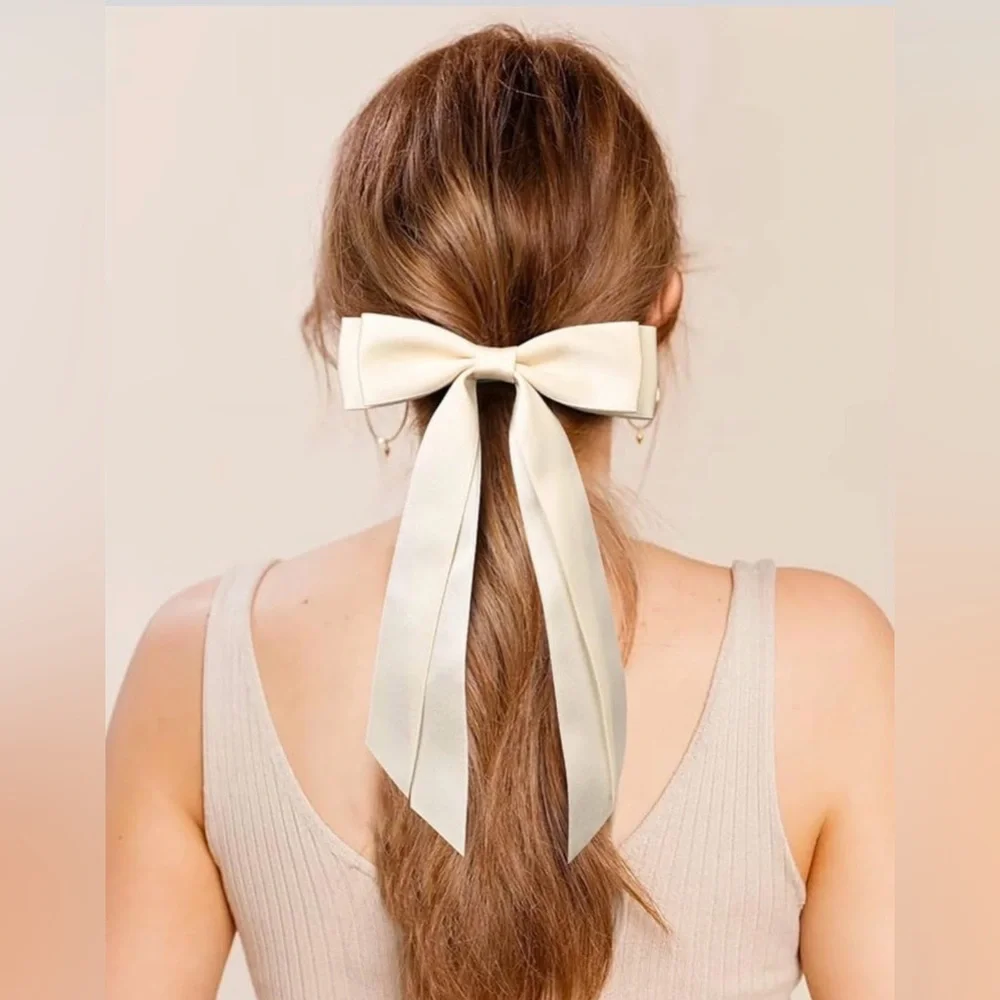Elegant Beige Silky Satin Hair Bow Clip